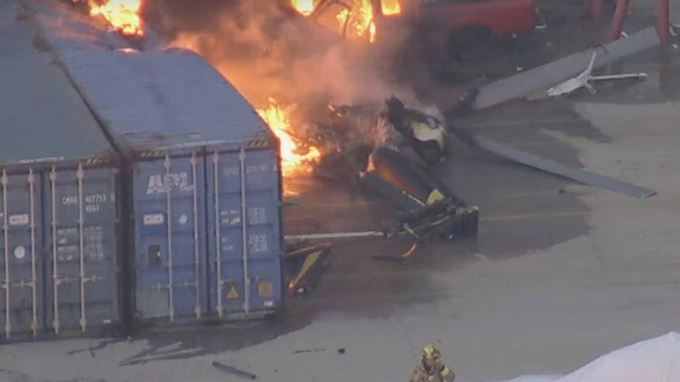A helicopter crashed between two commercial buildings in the Los Angeles area.
