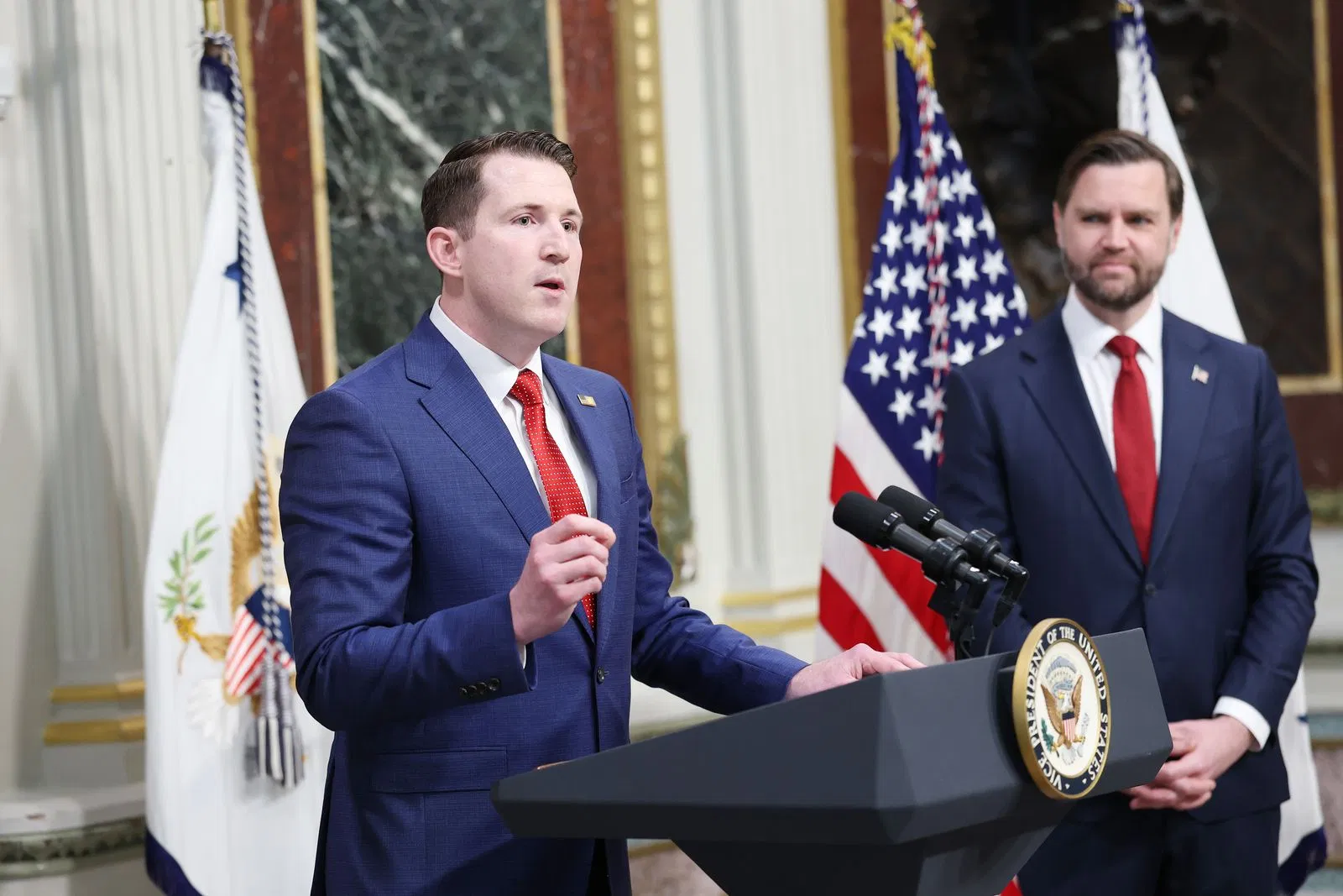 Colin McDonald speaks after being sworn in by U.S. Vice President JD Vance to be the assistant Attorney General for fraud enforcement at the Department of Justice, April 1, 2026